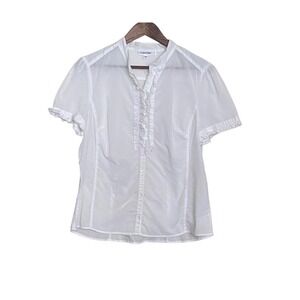 Calvin Klein White Cotton Ruffle Button Up Blouse Short Sleeve Women's L